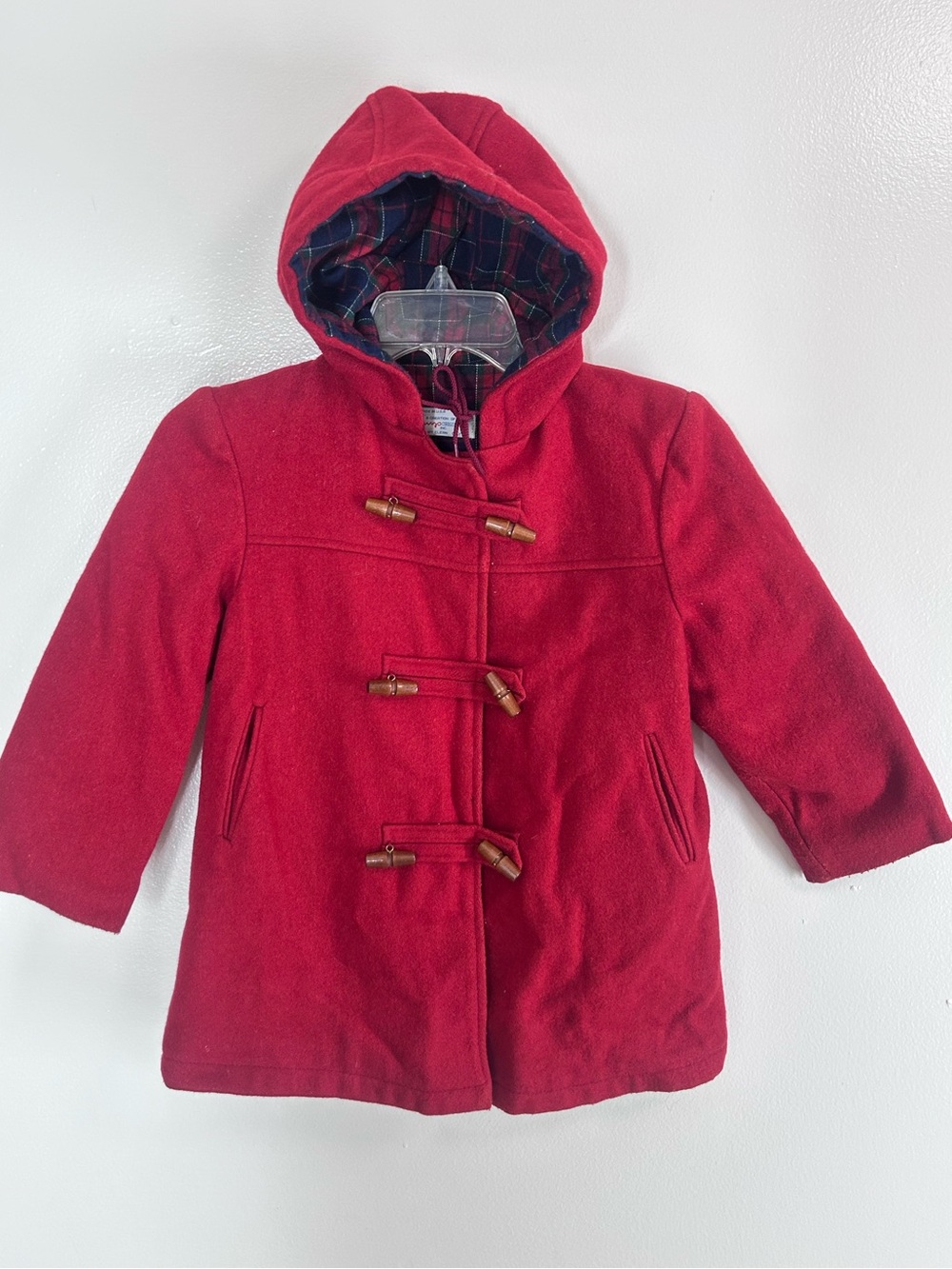 Vintage Kids Red Wool Duffle Coat Size 7 Plaid Lined Hooded Toggle Jacket Size 7